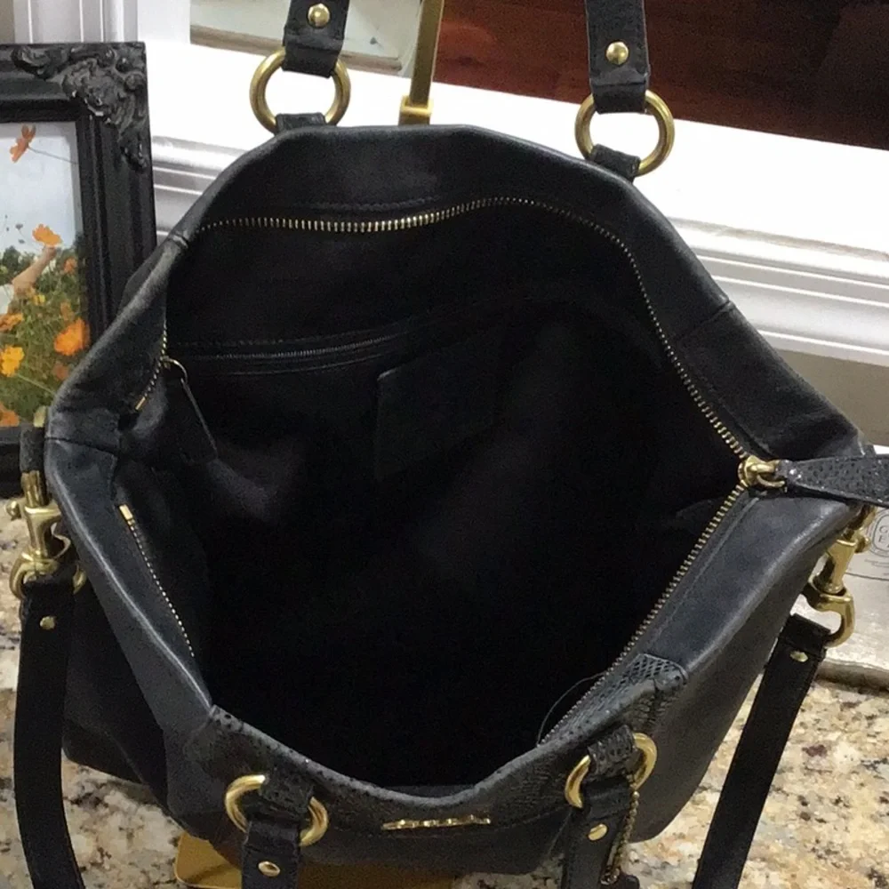 Coach Ashley Designer Black Tote with Gold Accents Crossbody Purse Handbag